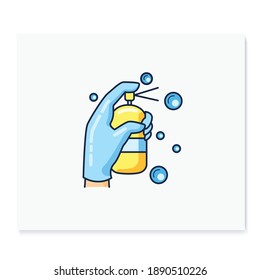Cleaning spray color icon. Detergent, cleanser, sanitizer. Housekeeper hand in blue glove with bottle. Wet cleaning. Housekeeping and surface disinfection concept. Isolated vector illustration
