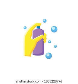 Cleaning spray flat icon. Detergent, cleanser, sanitizer. Housekeeper hand in glove with bottle pictogram. Wet cleaning. Housekeeping and surface disinfection concept. Color vector illustration