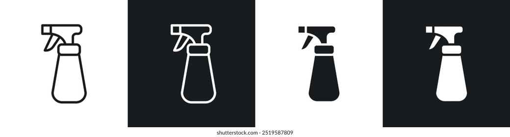 Cleaning spray icon collection in black and white filled and stroke line style.