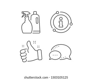 Cleaning spray and Shampoo line icon. Chat bubble, info sign elements. Washing liquid or Cleanser symbol. Housekeeping equipment sign. Linear shampoo and Spray outline icon. Information bubble. Vector