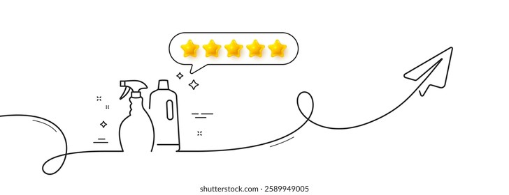 Cleaning spray and Shampoo line icon. Continuous line with share plane. Washing liquid or Cleanser symbol. Housekeeping equipment sign. Five star rate review in speech bubble. Vector