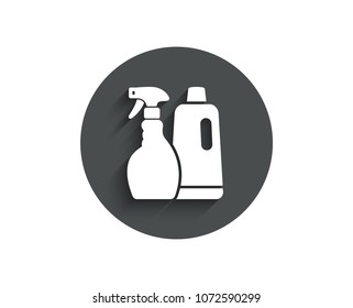 Cleaning spray and Shampoo simple icon. Washing liquid or Cleanser symbol. Housekeeping equipment sign. Circle flat button with shadow. Vector