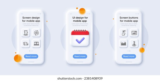 Cleaning spray, Truck delivery and Bar diagram line icons pack. 3d phone mockups with calendar. Glass smartphone screen. Internet downloading, Human resources, Web traffic web icon. Vector