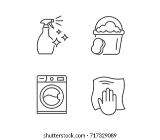 Cleaning spray, Washing machine and Housekeeping service line icons. Laundry, Sponge and Bucket signs. Maid equipment and Wipe with hand symbols. Quality design element. Editable stroke. Vector