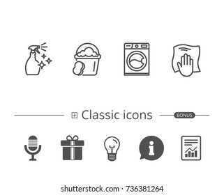 Cleaning spray, Washing machine and Housekeeping service line icons. Laundry, Sponge and Bucket signs. Maid equipment and Wipe with hand symbols. Information speech bubble sign. And more signs