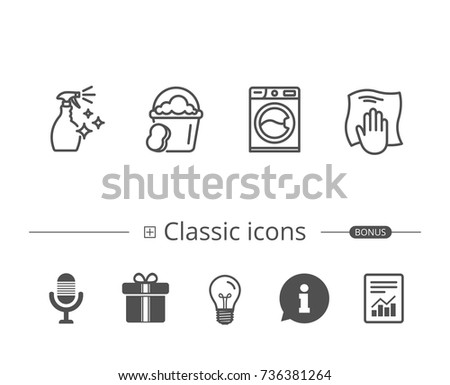 Cleaning spray, Washing machine and Housekeeping service line icons. Laundry, Sponge and Bucket signs. Maid equipment and Wipe with hand symbols. Information speech bubble sign. And more signs