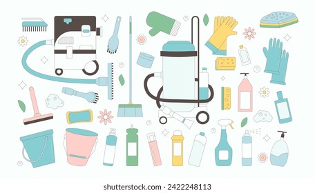Cleaning spring set isolated on white background. Season wash home tools and equipment. Vacuum, gloves and other items for cleanup. Vector flat with outline illustration.