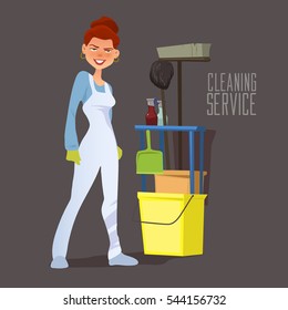 cleaning staff, cartoon character with cleaning equipment in cartoon style, friendly smiling worker, cleaning service, vector illustration