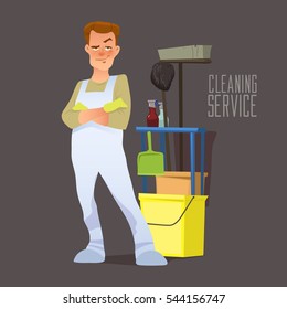 cleaning staff, cartoon character with cleaning equipment in cartoon style, friendly smiling worker, cleaning service, vector illustration