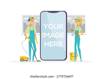 Cleaning staff - cartoon people characters isolated illustration. Male and female workers in overalls with tools: vacuum cleaner, mop, bucket, spray bottle. A smartphone with place for your image
