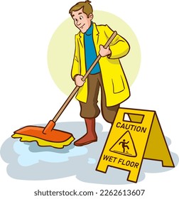 Cleaning staff character with equipment. Cartoon vector illustration.