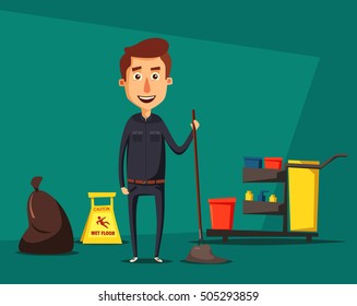 Cleaning staff character with cleaning equipment. Cartoon vector illustration. Cleaning company, service. Man in uniform. Professional cleaner.