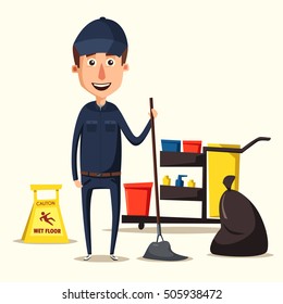 Cleaning staff character with cleaning equipment. Cartoon vector illustration. Cleaning company, service. Man in uniform. Professional cleaner.