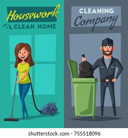 Cleaning staff character with equipment. Cartoon vector illustration.