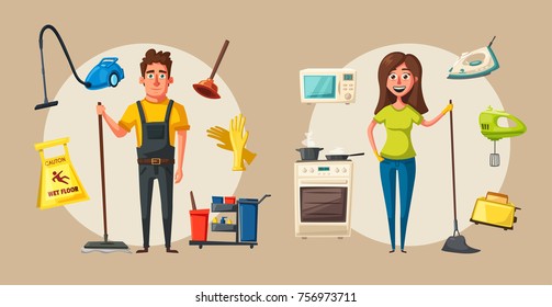Cleaning staff character with equipment. Cartoon vector illustration.