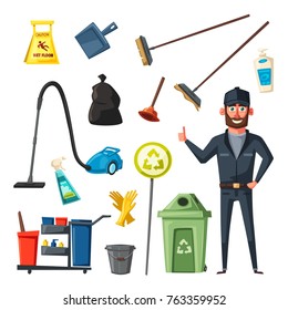 Cleaning staff character with equipment. Cartoon vector illustration.