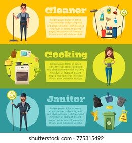 Cleaning staff character with equipment. Cartoon vector illustration.