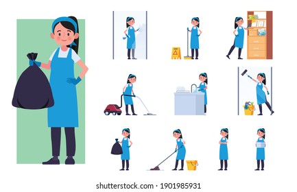 Cleaning staff character set. vector illustration