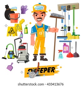 cleaning staff characters with cleaning equipment come with typographic - vector illustration