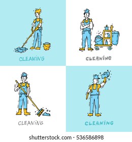 Cleaning staff characters with cleaning equipment. Hand drawn vintage style. Flat design vector illustration.