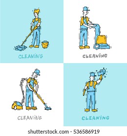 Cleaning staff characters with cleaning equipment. Hand drawn vintage style. Flat design vector illustration.