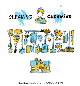 Cleaning staff characters with cleaning equipment. Set of icons. Hand drawn vintage style. Flat design vector illustration.