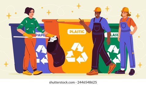 Cleaning staff concept. Man and women near colorful trashcans with recycling symbols. Care about ecology, nature and environment. Cartoon flat vector illustration isolated on beige background