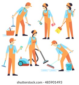 Cleaning staff in different positions. Vector illustration. Cleaning service, people vacuuming and washing