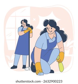 Ilustração de equipe de limpeza, conceito de serviço de manutenção da casa, estilo de desenho animado plano