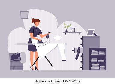 The cleaning staff is ironing the shirt with iron. vector illustration flat design