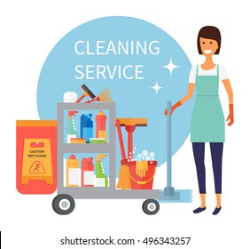 Cleaning staff, janitor with trolley. Cleaning supplies and household equipment tools. Cleaning service vector icons set