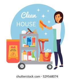 Cleaning staff, janitor with trolley. Cleaning supplies and household equipment tools. Cleaning service vector icons set