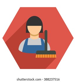 Cleaning Staff long shadow vector icon. Style is a flat symbol on a colored hexagon button with longshadow.