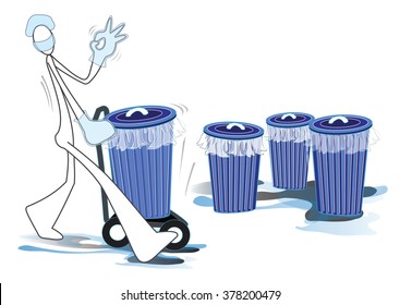Cleaning staff or maid shadow man to trolley bin symbol and logo graphic design for advertise presentation you can input your logo on hat and bin 