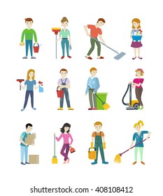 Cleaning staff man and woman character. Workers cleaning service. Woman vacuuming, floor washing and sweeping. Man wipes dust and takes out the garbage. People of set work.  Vector illustration