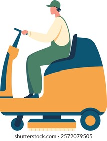 Cleaning staff member operating a professional floor scrubber while wearing a uniform and cap, ensuring hygiene and disinfection of public place floors, vector illustration