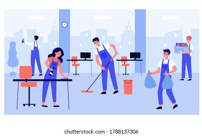 Cleaning Staff Team Working In Office Isolated Flat Vector Illustration. Cartoon Professional Janitors Washing Room From Dirt. Cleaning Service And Hygiene Concept