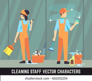 Cleaning staff vector characters woman and man with cleaning tools. Cleaner staff with broom, service cleaning team cleaner illustration