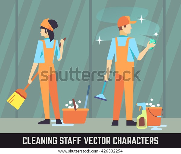 清掃スタッフのベクター画像キャラクターの女性と清掃用具を持つ男性 掃除スタッフと箒 サービス清掃チームの掃除のイラスト のベクター画像素材 ロイヤリティフリー