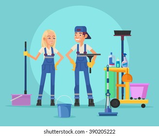 Cleaning staff. Vector flat illustration