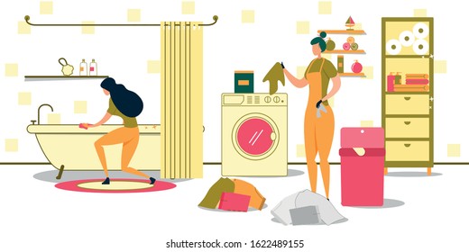 Cleaning Staff Washing Bathroom Flat Cartoon Vector Illustration. Laundry, Woman Sorting Clothing for Washing Machine. Girl Wiping or Cleaning Bath. Interior with Furniture. Service.