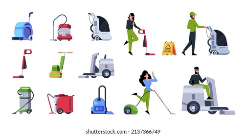 Cleaning staff workers. Professional commercial cleaning service team with industrial vacuum cleaner flooring with mops garish vector pictures set