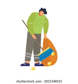 Cleaning streets flat icon with man collecting fallen leaves vector illustration