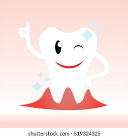 Cleaning and strong white tooth thumbs up. Character design cartoon teeth for oral health vector .