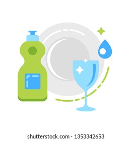 Cleaning stuff with plate and glass flat color icon. Washing dishes concept. Cleaning service. Dishwash detergent. Sign for web page, mobile app, banner. Isolated flat template.