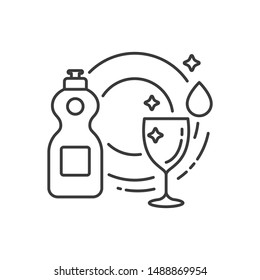Cleaning stuff with plate and glass line black icon. Washing dishes concept. Cleaning service. Dishwash detergent. Sign for web page, mobile app, banner. Isolated outline template.