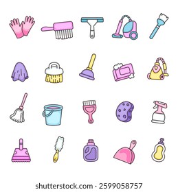 Cleaning stuff set for household hygiene and sanitation, featuring essential tools like brushes, vacuum cleaner, mop, gloves, and detergents for effective maintenance and chores for yours projects