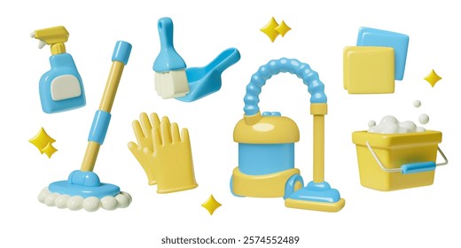 Cleaning supplies 3d vector icons set in a cute plastic style. A vacuum cleaner, mop and bucket, broom and dustpan, protective house work gloves, spray cleaner and cleaning cloth.