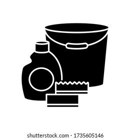 Cleaning supplies black glyph icon. Detergent for sanitation. Disinfectant in bottle. Bucket for washing. Chemical agent for housework. Silhouette symbol on white space. Vector isolated illustration