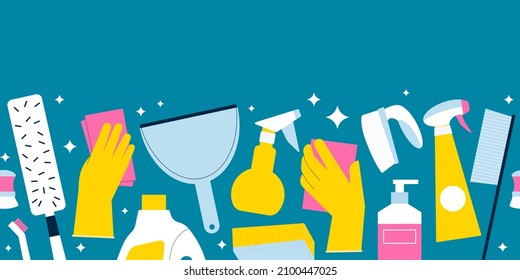 Limpieza de la frontera de suministros. Manos en guantes, cepillos y frascos detergentes. Ilustración plana de productos de limpieza para limpieza profesional.